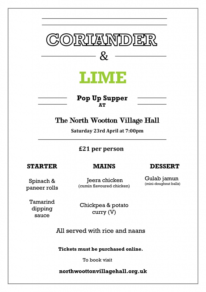 Coriander and Lime Indian Night North Wootton Village Hall April 2022 Menu