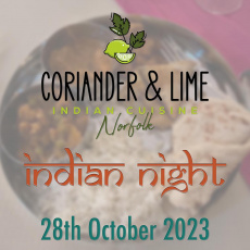 Indian Night With Coriander and Lime October 2023 North Wootton Village Hall Events Kings Lynn West Norfolk