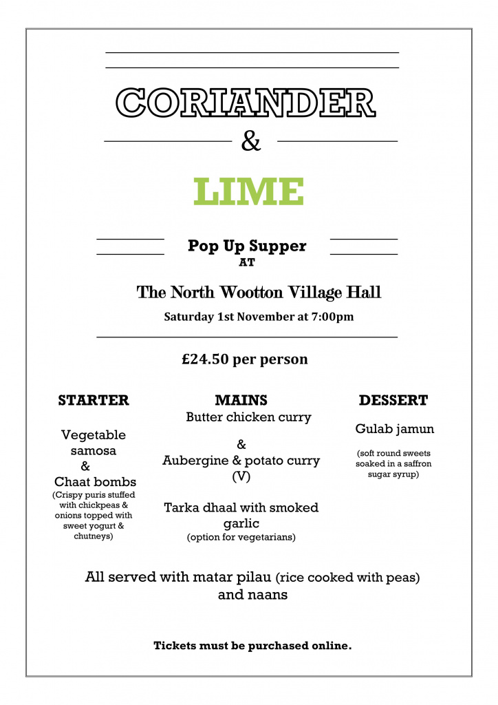 Indian Night Coriander Lime November 2025 Menu North Wootton Village Hall Kings Lynn Norfolk Events Whats On Events